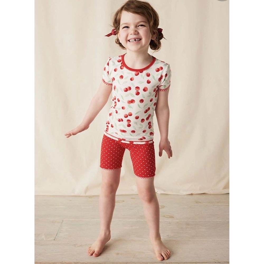 Matilda Jane Kids Cherry Print Top Red Trim‎ Short Sleeve Size 4
